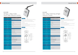 Network Cameras

Network Cameras

IC-3110W

IC-3110P

Wireless 1.3Mpx H.264
Day & Night Network Camera

PoE 1.3Mpx H.264 Day & Night
Network Camera

Model
Description

IC-3110W
Wireless 1.3Mpx H.264 Day & Night
Network Camera

Camera
Min. Illumination
Sensor
Lens
Angle of View
Zoom

Model

Features

Description

• Plug-n-View for easy, configuration-free setup and remote access

1/4" CMOS

• High-speed triple-mode (H.264, MPEG-4 & M-JPEG) video

53.0°

• SDHC/SD card slot for local snapshot and motion video storage

-

IR LED

√

• 2-way audio, UPnP & DDNS support
• Remote monitoring via iPhone, iPad, Android phones, PC & Mac

IEEE 802.3/802.3u

Wi-Fi

IEEE 802.11b/g/n

Wi-Fi Security

compression
• Multi-area motion detection

5.01mm/F2.8

• SDHC/SD card slot for local snapshot and motion video storage

53.0°

• 2-way audio, UPnP & DDNS support

Angle of View

4x Digital

Pan & Tilt

√

Dimensions
(Unit: mm)

Network
Wired LAN

113mm x 80mm x 43mm
IEEE 802.3/802.3u/802.3af

Wi-Fi

-

Wi-Fi Security

-

SD

WEP/WPA/WPA2

• Remote monitoring via iPhone, iPad, Android phones, PC & Mac

-

IR LED

Dimensions
113mm x 80mm x 43mm

Wired LAN

• High-speed triple-mode (H.264, MPEG-4 & M-JPEG) video
1.0 Lux
1/4" CMOS

Zoom

(Unit: mm)

Network

• Plug-n-View for easy, configuration-free setup and remote access

Lens

5.01mm/F2.8

Pan & Tilt

Min. Illumination

Features

Sensor

compression
• Multi-area motion detection

4x Digital

Wireless 1.3Mpx H.264 Day & Night
Network Camera

Camera

• Complies with IEEE 802.11b/g/n wireless standards
1.0 Lux

IC-3110P

SD HC

44.20
29.97

79.35

3dBi Detachable Antenna

Antenna Gain

-

PoE Support

-

PoE Support

√

Compression

112.97

Video & Audio
M-JPEG/MPEG-4/H.264

Video Streaming

Triple Mode

Max. Resolution

1280 x 1024 SXGA (M-JPEG)
1024 x 768 XGA (MPEG-4)
1280 x 1024 SXGA (H.264)

112.97

Antenna Gain

Video & Audio
Compression

M-JPEG/MPEG-4/H.264

Video Streaming

Triple Mode

Max. Resolution

1280 x 1024 SXGA (M-JPEG)
1024 x 768 XGA (MPEG-4)
1280 x 1024 SXGA (H.264)

IC-3110P

Frame Rate

10-15fps (SXGA/XGA)
30fps (VGA/QVGA)

IC-3100W

30.00

79.42

WPS

Reset

12V DC

LAN

Frame Rate

Audio Out

10-15fps (SXGA/XGA)
30fps (VGA/QVGA)

12V DC

LAN

Audio Out

MIC

MIC

Motion Detection

√

Motion Detection

√

2-Way Audio

√

2-Way Audio

√

Features

Features

Plug-n-View

√

Plug-n-View

√

SDHC/SD Card Slot

√

SDHC/SD Card Slot

√

Viewer Support
Night Vision Support

8

WPS

Reset

16CH Viewer (PC)
√

Viewer Support
Night Vision Support

16CH Viewer (PC)
√

9

 
