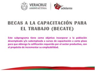 BECAS A LA CAPACITACIÓN PARA
EL TRABAJO (BECATE)
Este subprograma tiene como objetivo incorporar a la población
desempleada y/o subempleada a cursos de capacitación a corto plazo
para que obtenga la calificación requerida por el sector productivo, con
el propósito de incrementar su empleabilidad.

 