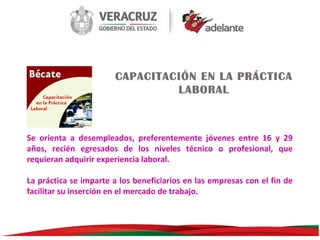 CAPACITACIÓN EN LA PRÁCTICA
LABORAL

Se orienta a desempleados, preferentemente jóvenes entre 16 y 29
años, recién egresados de los niveles técnico o profesional, que
requieran adquirir experiencia laboral.
La práctica se imparte a los beneficiarios en las empresas con el fin de
facilitar su inserción en el mercado de trabajo.

 