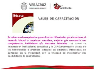 VALES DE CAPACITACIÓN

Se orienta a desempleados que enfrentan dificultades para insertarse al
mercado laboral y requieren actualizar, mejorar y/o reconvertir sus
competencias, habilidades y/o destrezas laborales. Los cursos se
imparten en instituciones educativas y la OSNE promueve el acceso de
los beneficiarios a prácticas laborales en empresas interesadas en
participar en la modalidad, con la finalidad de incrementar sus
posibilidades de contratación.

 