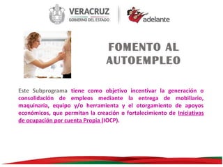 FOMENTO AL
AUTOEMPLEO
Este Subprograma tiene como objetivo incentivar la generación o
consolidación de empleos mediante la entrega de mobiliario,
maquinaria, equipo y/o herramienta y el otorgamiento de apoyos
económicos, que permitan la creación o fortalecimiento de Iniciativas
de ocupación por cuenta Propia (IOCP).

 