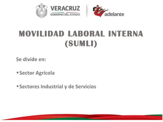 MOVILIDAD LABORAL INTERNA
(SUMLI)
Se divide en:
• Sector Agrícola
• Sectores Industrial y de Servicios

 