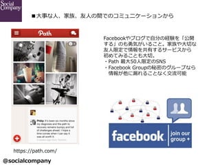 @socialcompany ?
?¤?ˡ塢?ˤgǤΥߥ˥`󤫤
https://path.com/
Facebook֥?Է֤νUY򡸹_
롹Τݤ뤳ȡ?Ф
?޶Ф륵`ӥ
Ƥߤ뤳Ȥ?С
?Path ??50?޶SNS
?Facebook ?GroupܤΥ`פʤ
?©©뤳Ȥʤ
 