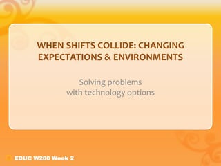 WHEN SHIFTS COLLIDE: CHANGING
      EXPECTATIONS & ENVIRONMENTS

                Solving problems
             with technology options




EDUC W200 Week 2
 