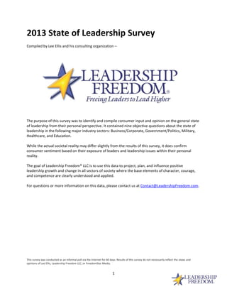 2013 State of Leadership Survey
Compiled by Lee Ellis and his consulting organization –

The purpose of this survey was to identify and compile consumer input and opinion on the general state
of leadership from their personal perspective. It contained nine objective questions about the state of
leadership in the following major industry sectors: Business/Corporate, Government/Politics, Military,
Healthcare, and Education.
While the actual societal reality may differ slightly from the results of this survey, it does confirm
consumer sentiment based on their exposure of leaders and leadership issues within their personal
reality.
The goal of Leadership Freedom® LLC is to use this data to project, plan, and influence positive
leadership growth and change in all sectors of society where the base elements of character, courage,
and competence are clearly understood and applied.
For questions or more information on this data, please contact us at Contact@LeadershipFreedom.com.

This survey was conducted as an informal poll via the Internet for 60 days. Results of this survey do not necessarily reflect the views and
opinions of Lee Ellis, Leadership Freedom LLC, or FreedomStar Media.

1

 
