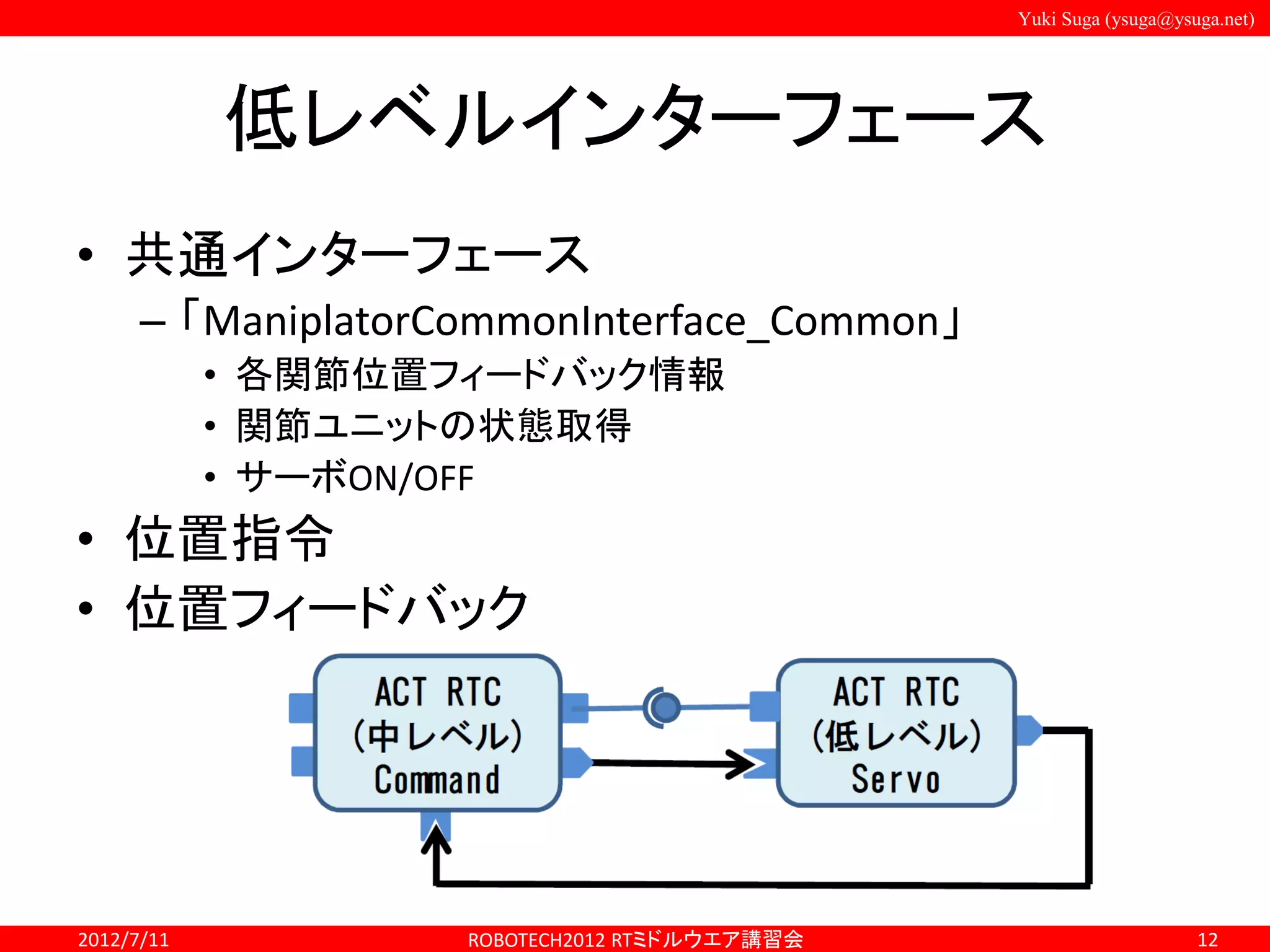 Yuki Suga (ysuga@ysuga.net)
低レベルインターフェース
• 共通インターフェース
– 「ManiplatorCommonInterface_Common」
• 各関節位置フィードバック情報
• 関節ユニットの状態取得
• サーボON/OFF
• 位置指令
• 位置フィードバック
2012/7/11 ROBOTECH2012 RTミドルウエア講習会 12
 