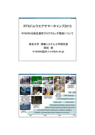 RTミドルウエアサマーキャンプ2013
RTM/ROS相互運用プログラミング環境について
東京大学 情報システム工学研究室
岡田 慧
k-okada@jsk.t.u-tokyo.ac.jp
JSK Robotics Lab
1980 1990 2000 2010
COSMOS:
CognitiveSensor Motor
Operation Studies
1981 T. Ogasawara,
T.Matsui, H. Mizoguchi,
M.Inaba, H.Inoue
Assistive Humanoid
2002 K. Okada
H6 & H7 Humanoid
1999 S. Kagami, .Nishiwaki
Musculoskeletal
2000- I. Mizuuch,
Y.Nakanishi
COSMOS: Lisp-based Robot System Integration Environment
Vision-Based Robotics: Manipulation, Interaction, Navigation
HARP: Humanoid Autonomous Robot Project H1-H7
Remote-Brained Robotics: about 60 robots
Sensor Suit Sensor Flesh
Musculoskeletal Humanoid
HRP2 Integration
Remote-Brained
Robotics
1993 M. Inaba
Sensor flesh robots
2006 T. Yoshikai
OSSIRT
IRT Home
Assistance
2006- R Hanai,
K.Yamazaki
OSS,RTM,ROS
OpenRAVE
2010 R.Diankov
Bilateral
1969 H. Inoue
COE Realworld IT
Interactive Systems
2004 T. Inamura
 