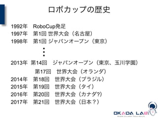 ロボカップの歴史
1992年 RoboCup発足
1997年 第1回 世界大会（名古屋）
1998年 第1回 ジャパンオープン（東京）
             
2013年 第14回 ジャパンオープン（東京、玉川学園）
     第17回 世界大会（オランダ）
2014年 第18回 世界大会（ブラジル）
2015年 第19回 世界大会（タイ）
2016年 第20回 世界大会（カナダ?）
2017年 第21回 世界大会（日本？）
	
 