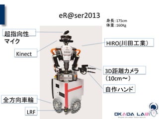 eR@ser2013
LRF	
全方向車輪	
Kinect	
超指向性
マイク	
自作ハンド	
3D距離カメラ
（10cm〜）	
HIRO(川田工業）	
身長：175cm	
  
体重：160Kg	
 