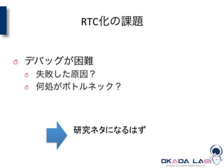 RTC化の課題
	
  
! デバッグが困難	
  
! 失敗した原因？	
  
! 何処がボトルネック？
研究ネタになるはず	
 