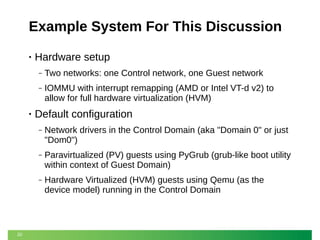 Example System For This Discussion
•

Hardware setup
‒
‒

•

Two networks: one Control network, one Guest network
IOMMU with interrupt remapping (AMD or Intel VT-d v2) to
allow for full hardware virtualization (HVM)

Default configuration
‒

‒

Paravirtualized (PV) guests using PyGrub (grub-like boot utility
within context of Guest Domain)

‒

20

Network drivers in the Control Domain (aka "Domain 0" or just
"Dom0")

Hardware Virtualized (HVM) guests using Qemu (as the
device model) running in the Control Domain

 