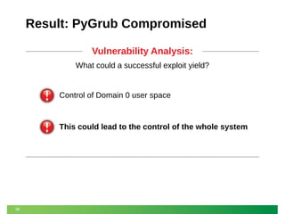 Result: PyGrub Compromised
Vulnerability Analysis:
What could a successful exploit yield?

Control of Domain 0 user space

This could lead to the control of the whole system

38

 