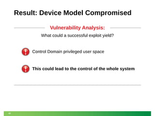 Result: Device Model Compromised
Vulnerability Analysis:
What could a successful exploit yield?

Control Domain privileged user space

This could lead to the control of the whole system

48

 