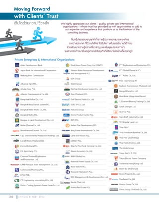 2 0 A N N U A L R E P O R T 2 0 1 3
Private Enterprises & International Organizations
Moving Forward
with Clients’ Trust
เติบโตด้วยความไว้วางใจ We highly appreciate our clients – public, private and international
organizations – whose trust has provided us with opportunities to add to
our expertise and experience that positions us at the forefront of the
consulting business.
ทีมกรุ๊ปขอขอบคุณลูกค้าทั้งภาครัฐ ภาคเอกชน และองค์กร
ระหว่างประเทศ ที่ไว้วางใจให้เราได้รับโอกาสในการทำางานที่ท้าทาย
ช่วยพัฒนาความรู้ความเชี่ยวชาญ และเพิ่มพูนประสบการณ์
จนสามารถก้าวมายืนอยู่แถวหน้าในธุรกิจที่ปรึกษาได้อย่างเต็มภาคภูมิ
Asian Development Bank
Japan Bank for International Cooperation
Mekong River Commission
Advance Agro PCL.
Amata Corp. PCL.
Atlantic Pharmaceutical Co., Ltd.
Bangchak Biofuel Co., Ltd.
Bangkok Mass Transit System PCL.
Bangkok Metal Works Co., Ltd.
Bangkok Metro PCL.
Bangpa-In Land Development Co., Ltd.
Better Pharma Co., Ltd.
Boonthavorn Ceramic Co., Ltd.
C&G Environmental Protection Holdings Ltd.
Cargill Meats (Thailand) Ltd.
Central Pattana PCL.
CH. Karnchang PCL.
Chevron Thailand Exploration
and Production, Ltd.
CIMB-Principal Asset Management Co., Ltd.
Community Pharmacy PCL.
CP All PCL.
CTI Engineering International Co., Ltd.
DistrictCoolingSystem&PowerPlantsCo.,Ltd.
Druk Green Power Corp., Ltd. (DGPC)
Eastern Water Resources Development
and Management PCL.
EDF Group
EGCO Group
Ek-Chai Distribution System Co., Ltd.
Esso (Thailand) PCL.
Gulf Electric Public Co., Ltd.
GULF JP Co., Ltd.
Halcrow Group
Home Product Center PCL.
IRPC PCL.
Italian-Thai Development PCL.
King Power International Co., Ltd.
Land and Houses PCL.
LOXLEY PCL.
Map Ta Phut Tank Terminal Co., Ltd.
Mason Acoustics Co., Ltd.
MWH Global, Inc.
National Power Supply Co., Ltd.
Nava Nakorn PCL.
Nawarat Patanakarn PCL.
NCC Management & Development Co., Ltd.
Nestlé (Thai) Ltd.
Pruksa Real Estate PCL.
PTT Exploration and Production PCL.
PTT Global Chemical PCL.
PTT Public Co., Ltd.
Punj Lloyd Group JV
Radicon Transmission (Thailand) Ltd.
Rangsit Plaza Co., Ltd.
River Kwai Village Hotel Resort
S. Charoen Bhaesaj Trading Co., Ltd.
Saraff Energies Ltd.
SEAFCO PCL.
Siam Kraft Industry Co., Ltd.
TCC Capital Land Ltd.
Thai Oil PCL.
Thai Petroleum Pipeline Co., Ltd.
Thai Polo Club Pattaya
Thai Public Port Co., Ltd.
The Linde Group
Timor GAP, E.P. (TG)
Tokyo Electric Power Company
Torishima (Hong Kong) Ltd.
Ubon Bio Ethanol Ltd.
Union Property Co., Ltd.
Vandapac Co., Ltd.
Verasu Group Co., Ltd.
Volvo Group (Thailand) Co., Ltd.
 