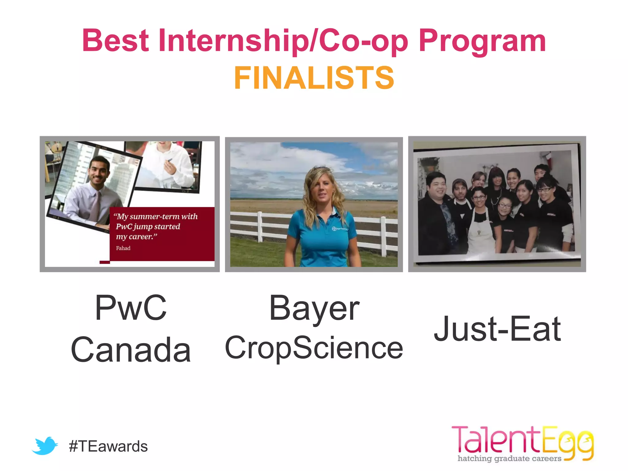 #TEawards
Bayer
CropScience
PwC
Canada
Best Internship/Co-op Program
FINALISTS
Just-Eat
 
