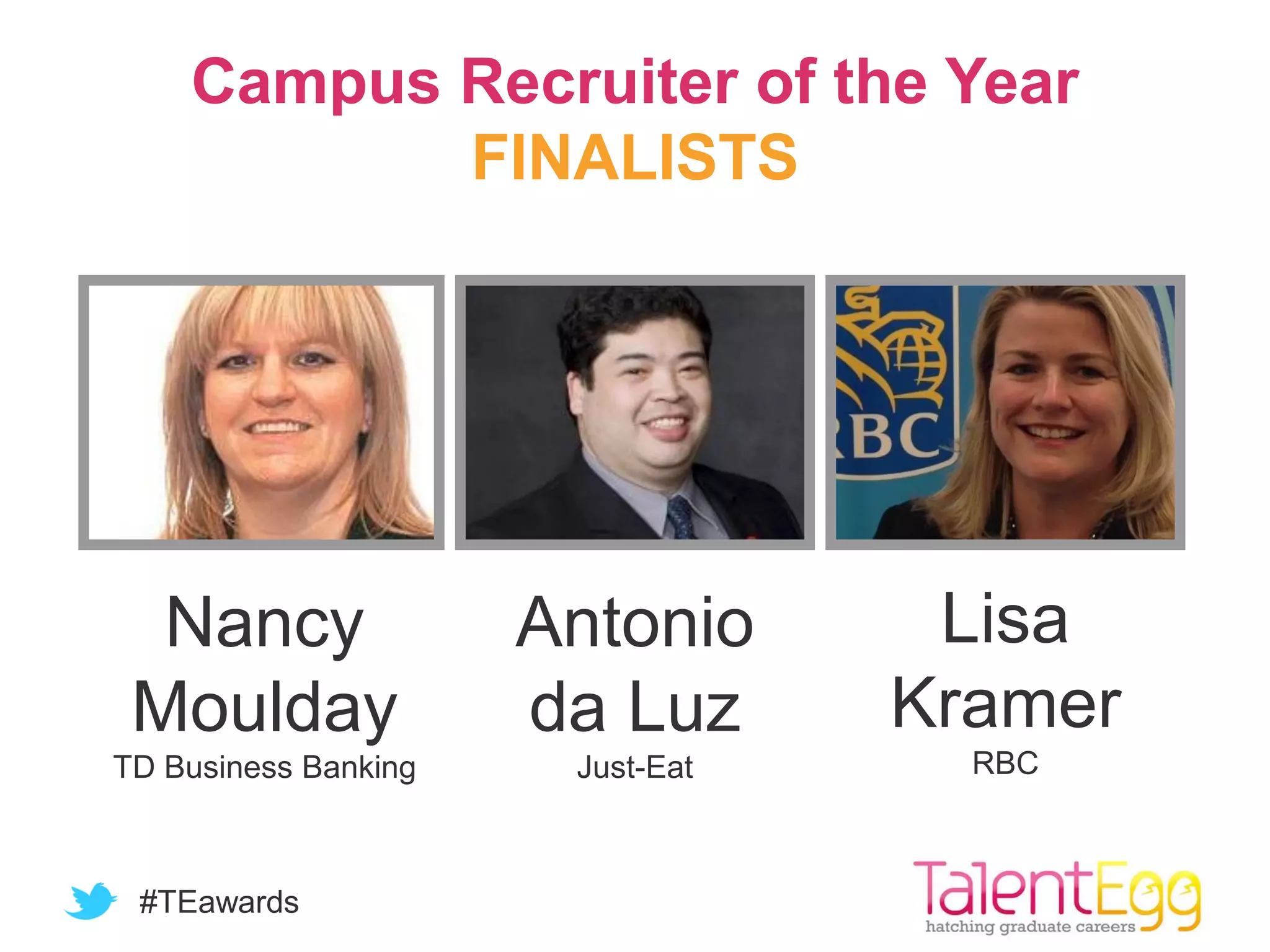 #TEawards
Antonio
da Luz
Just-Eat
Nancy
Moulday
TD Business Banking
Campus Recruiter of the Year
FINALISTS
Lisa
Kramer
RBC
 