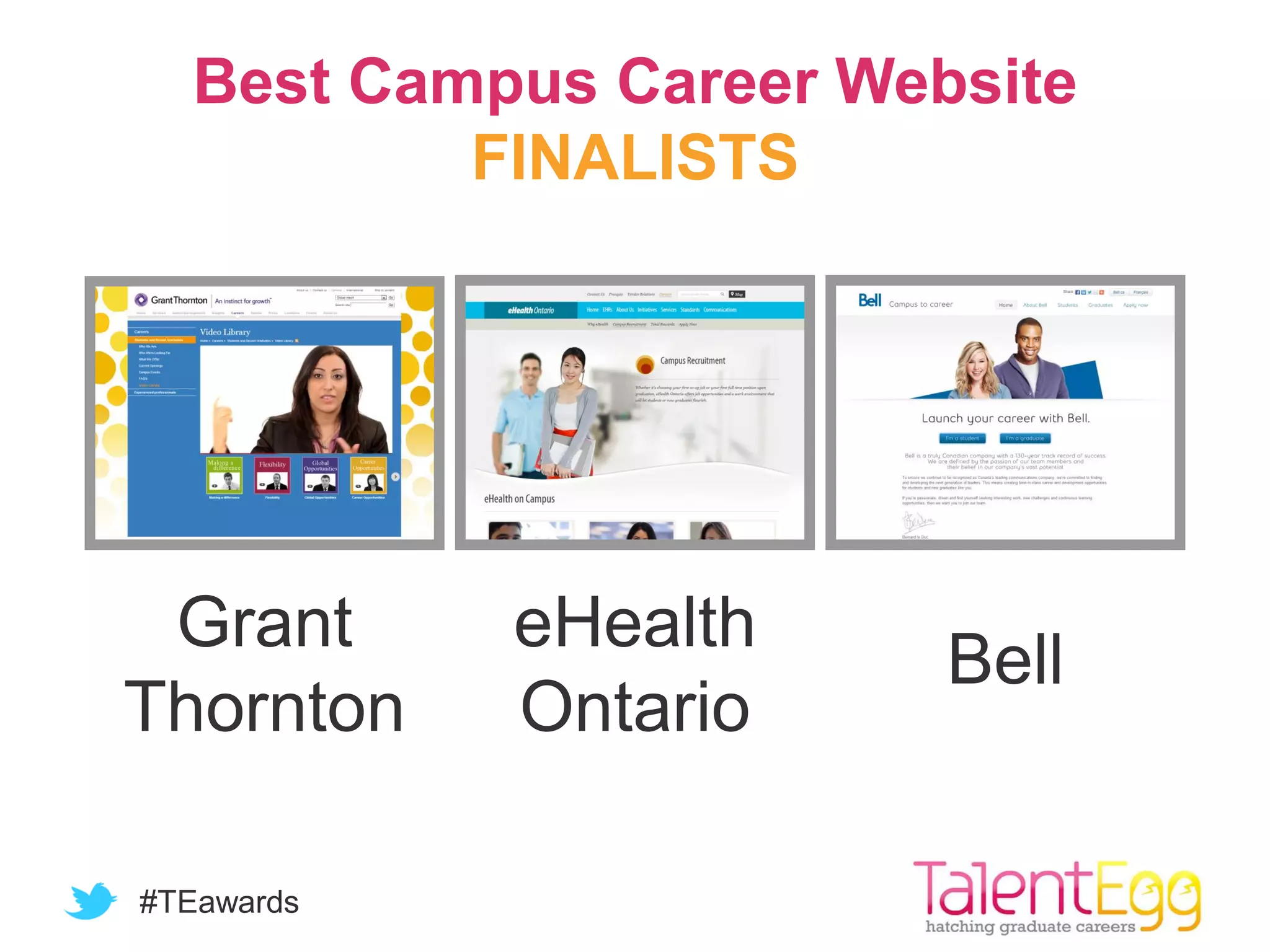 #TEawards
Best Campus Career Website
FINALISTS
Grant
Thornton
eHealth
Ontario
Bell
 