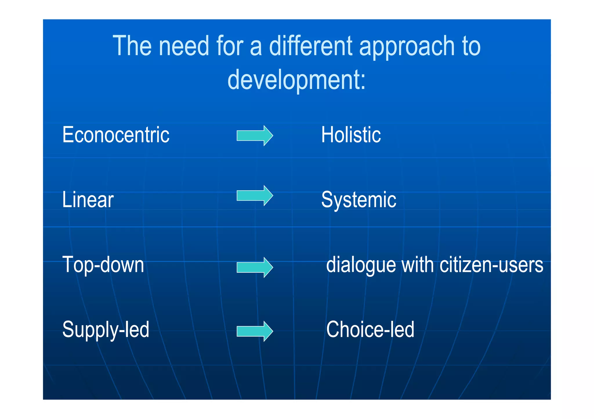 The need for a different approach toThe need for a different approach to
development:development:
EconocentricEconocentric HolisticHolistic
LinearLinear SystemicSystemicLinearLinear SystemicSystemic
TopTop--downdown dialogue with citizendialogue with citizen--usersusers
SupplySupply--ledled ChoiceChoice--ledled
 