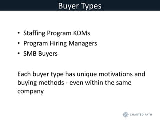 Buyer Types 
• Staffing Program KDMs 
• Program Hiring Managers 
• SMB Buyers 
Each buyer type has unique motivations and 
buying methods - even within the same 
company 
 