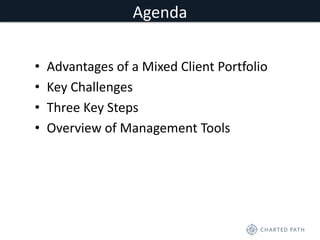 Agenda 
• Advantages of a Mixed Client Portfolio 
• Key Challenges 
• Three Key Steps 
• Overview of Management Tools 
 