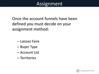 Assignment 
Once the account funnels have been 
defined you must decide on your 
assignment method: 
– Laissez Faire 
– Buyer Type 
– Account List 
– Territories 
 