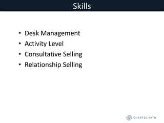 Skills 
• Desk Management 
• Activity Level 
• Consultative Selling 
• Relationship Selling 
 