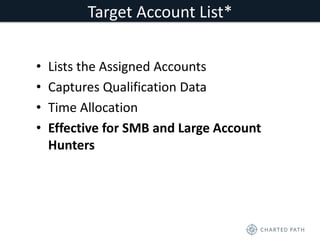 Target Account List* 
• Lists the Assigned Accounts 
• Captures Qualification Data 
• Time Allocation 
• Effective for SMB and Large Account 
Hunters 
 