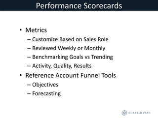 Performance Scorecards 
• Metrics 
– Customize Based on Sales Role 
– Reviewed Weekly or Monthly 
– Benchmarking Goals vs Trending 
– Activity, Quality, Results 
• Reference Account Funnel Tools 
– Objectives 
– Forecasting 
 