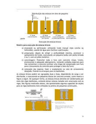 TECNOLOGIAS DA CONSTRUÇÃO
Arq. Marcilene R. S. Iervolino
__________________________________________________________________________________________
_
18
Distribuição das estacas em obra de pequeno
porte
1 ª fa se
e sc a v a ç ã o
Tra d o
m a n u a l
2 ª fa se
a p ilo a m e n to
d o fu n d o
3 ª fa se
c o n c re ta g e m
e a d e n sa m e n to
4 ª fa se
c o lo c a ç ã o
d a s e sp e ra s
N A
p ilã o
Execução de estacas brocas
Roteiro para execução de estacas brocas
a) escavação ou perfuração: utilizando trado manual (tipo concha ou
helicoidal), usando de água para facilitar a perfuração;
b) preparação: depois de atingir a profundidade máxima, promover o
apiloamento do fundo, executando um pequeno bulbo com pedra britada
2 ou 3, com um pilão metálico;
c) concretagem: Preencher todo o furo com concreto (traço 1x3x4),
promovendo o adequado adensamento, tomando cuidados especiais para
não contaminar o concreto (utilizar uma chapa de compensado com furo
para o lançamento do concreto para proteger a boca do furo);
d) colocação das esperas: fazer o acabamento na cota de arrasamento
desejada, fixando os arranques para os baldrames.
As estacas brocas podem ser agrupadas duas a duas, dependendo da carga a ser
distribuída, e executando-se pequenos blocos de concreto armado, como mostra a
figura a seguir. De qualquer forma, as estacas brocas deverão ser solidarizadas por
meio das vigas baldrames, evitando deixar estacas isoladas sem amarração com as
vigas. Nas figuras mostradas abaixo, são apresentadas algumas sugestões de seções
para as vigas baldrames mais utilizadas na prática de pequenas construções.
s / e s c .B lo c o d e d u a s e s t a c a s
A
B
A
B
V i g a b a l d r a m e
A l v e n a r ia d e
e m b a s a m e n t o
C o r t e A A
C o r t e B B
E x e c u t a r b l o c o s c o m d u a s
e s t a c a s s o b p i la r e s q u e
s u s t e n t a r ã o l a j e d e c a ix a
d ’ á g u a .
 