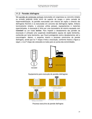 TECNOLOGIAS DA CONSTRUÇÃO
Arq. Marcilene R. S. Iervolino
__________________________________________________________________________________________
_
29
11.2 – Paredes diafragma
São paredes de contenção verticais executadas em argamassa ou concreto simples
ou armado podendo ainda servir de suporte de cargas e como camada de
impermeabilização. As paredes executadas com mistura de argila e cimento são
diafragmas flexíveis e as executadas em concreto são diafragmas rígidos. Embora
tecnicamente simples, o processo utiliza pessoal, equipamentos e materiais
especializados. A escavação é feita por uma escavadeira de esteira equipada com
Clamshell ou um trado batilon. Para impedir o desabamento das paredes da
escavação é utilizado uma suspensão estabilizadora aquosa de argila bentonita,
conhecida por lama bentonita, que ficará protegendo contra desabamentos até a
concretagem. Abaixo, o esquema mostra o processo construtivo da parede
diafragma, sendo que na 1ª etapa é feita a escavação, conforme mostra a figura a
seguir, e na 2ª etapa são colocados os tubos para as juntas das extremidades.
Clamshell
Lama bentonita
Equipamento para execução de paredes diafragmas
3 ª e t a p a : c o lo c a ç ã o
d a a rm a d u ra
4 ª e t a p a : in íc io d a
c o n c re t a g e m
5 ª e t a p a : c o n c re t a g e m e
re t ira d a d a la m a
5 ª e t a p a : re t ira d a d o s t u b o s
Processo executivo da parede diafragma
 
