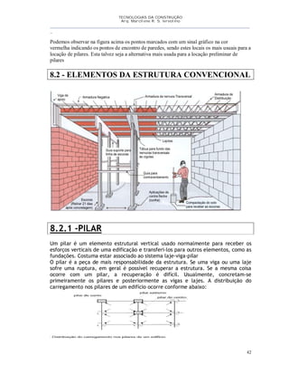 TECNOLOGIAS DA CONSTRUÇÃO
Arq. Marcilene R. S. Iervolino
__________________________________________________________________________________________
_
42
Podemos observar na figura acima os pontos marcados com um sinal gráfico na cor
vermelha indicando os pontos de encontro de paredes, sendo estes locais os mais usuais para a
locação de pilares. Esta talvez seja a alternativa mais usada para a locação preliminar de
pilares
8.2 - ELEMENTOS DA ESTRUTURA CONVENCIONAL
8.2.1 -PILAR
Um pilar é um elemento estrutural vertical usado normalmente para receber os
esforços verticais de uma edificação e transferi-los para outros elementos, como as
fundações. Costuma estar associado ao sistema laje-viga-pilar
O pilar é a peça de mais responsabilidade da estrutura. Se uma viga ou uma laje
sofre uma ruptura, em geral é possível recuperar a estrutura. Se a mesma coisa
ocorre com um pilar, a recuperação é difícil. Usualmente, concretam-se
primeiramente os pilares e posteriormente as vigas e lajes. A distribuição do
carregamento nos pilares de um edifício ocorre conforme abaixo:
 