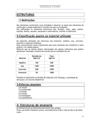 TECNOLOGIAS DA CONSTRUÇÃO
Arq. Marcilene R. S. Iervolino
__________________________________________________________________________________________
_
36
ESTRUTURAS
1-Definições
São elementos construtivos cuja finalidade é absorver os pesos dos elementos da
construção e cargas acidentais e transferi los para as fundações.
Nas edificações os elementos estruturais são: Paredes, lajes, vigas, pilares,
escadas, beirais, sacadas, marquises e reservatórios, tirantes e coberturas.
2-Classificação quanto ao material utilizado
Os materiais utilizados nas estruturas são alvenaría, madeira, aço, concreto,
alumínio e materiais sintéticos.
Duas características muito importantes para esta utilização são resistência e peso
próprio.( ver tabela abaixo)
Observar que os valores abaixo relacionados são apenas indicativos pois podem
apresentar resultados variáveis de acordo com as condições de uso
Material
Resistência
Kgf/cm2
Peso
kgf/m3
Madeira 100 600
Aço 1400 7800
Concreto 200 2500
Alvenaria 50 1800
Também é importante na escolha do material a ser utilizado, a facilidade de
execução e os recursos disponíveis
3-Esforços atuantes
a)-Tração
b)-Compressão
c)-Flexão
d)-Torção
e)-Flambagem
f)-Cisalhamento
4- Estruturas de alvenaria
As alvenarias são os elementos estruturais mais antigos.
O seu uso ainda é bastante comum, principalmente onde a mão de obra é de baixo
custo.
 