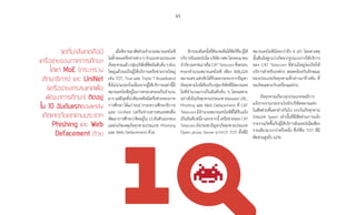 45
จุดที่น่าสังเกตคือมี�
เครือข่ายของภาคการศึกษา
ได้แก่ MoE (กระทรวง
ศึกษาธิการ) และ UniNet
(เครือข่ายสารสนเทศเพื่อ
พัฒนาการศึกษา) ติดอยู่
ใน 10 อันดับแรกของแหล่ง
เกิดเหตุภัยคุกคามประเภท
Phishing และ Web
Defacement ด้วย
เมื่อพิจารณาสัดส่วนจ�ำนวนหมายเลขไอพี
ไม่ซ�้ำของเครือข่ายต่าง ๆ จ�ำแนกตามประเภท
ภัยคุกคามแล้วกลุ่มบริษัทที่ติดอันดับต้นๆส่วน
ใหญ่แล้วจะเป็นผู้ให้บริการเครือข่ายรายใหญ่
เช่น TOT, True และ Triple T Broadband
ซึ่งไม่น่าแปลกใจเนื่องจากผู้ให้บริการเหล่านี้มี
หมายเลขไอพีอยู่ในการครอบครองเป็นจ�ำนวน
มากแต่มีจุดที่น่าสังเกตคือมีเครือข่ายของภาค
การศึกษา ได้แก่ MoE (กระทรวงศึกษาธิการ)
และ UniNet (เครือข่ายสารสนเทศเพื่อ
พัฒนาการศึกษา) ติดอยู่ใน 10 อันดับแรกของ
แหล่งเกิดเหตุภัยคุกคามประเภท Phishing
และ Web Defacement ด้วย
อีกประเด็นหนึ่งที่สังเกตเห็นได้ชัดก็คือผู้ให้
บริการอินเทอร์เน็ต บริษัท กสท โทรคมนาคม
จ�ำกัด (มหาชน) หรือ CAT Telecom ซึ่งครอบ
ครองจ�ำนวนหมายเลขไอพี เพียง 308,224
หมายเลข แต่กลับได้รับผลกระทบจากปัญหา
ภัยคุกคามใกล้เคียงกับกลุ่มบริษัทที่มีหมายเลข
ไอพีจ�ำนวนมากเป็นอันดับต้น ๆ โดยเฉพาะ
อย่างยิ่งในภัยคุกคามประเภทMalwareURL,
Phishing และ Web Defacement ที่ CAT
Telecom มีจ�ำนวนหมายเลขไอพีที่ได้รับแจ้ง
เป็นอันดับหนึ่ง นอกจากนี้ เครือข่ายของ CAT
Telecomยังประสบปัญหาภัยคุกคามประเภท
Open proxy Server มากกว่า TOT ทั้งที่มี
หมายเลขไอพีน้อยกว่าถึง 4 เท่า โดยสาเหตุ
นั้นสันนิษฐานว่าเกิดจากรูปแบบการให้บริการ
ของ CAT Telecom ที่ส่วนใหญ่จะเปิดให้
บริการส�ำหรับองค์กร สอดคล้องกับลักษณะ
ของประเภทภัยคุกคามที่กล่าวมาข้างต้น ที่
จะเกิดเฉพาะกับเครื่องแม่ข่าย
ภัยคุกคามเกือบทุกประเภทจะมีการ
แจ้งรายงานกระจายไปยังบริษัทหลายแห่ง
ในสัดส่วนที่แตกต่างกันไป ยกเว้นภัยคุกคาม
ประเภท Spam เท่านั้นที่มีสัดส่วนการแจ้ง
รายงานเกิดขึ้นกับผู้ให้บริการอินเทอร์เน็ตเพียง
รายเดียวมากกว่าครึ่งหนึ่ง ซึ่งก็คือ TOT ที่มี
สัดส่วนสูงถึง 62%
 