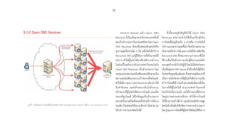 50
3.1.1.2 Open DNS Resolver นอกจาก Botnet แล้ว Open DNS
Resolver ก็เป็นภัยคุกคามอีกประเภทหนึ่งที่
พบเป็นจ�ำนวนมากในประเทศไทย โดย Open
DNS Resolver คือเครื่องคอมพิวเตอร์หรือ
อุปกรณ์เครือข่ายใด ๆ ก็ตามที่เปิดให้บริการ
Recursive DNS แก่ผู้ใช้ทุกรายที่เข้ามาขอใช้
บริการ ท�ำให้ผู้ไม่หวังดีอาศัยหลักการท�ำงาน
ในส่วนนี้โจมตีระบบด้วยการส่งค�ำร้องขอไปยัง
Open DNS Resolver เป็นจ�ำนวนมาก โดย
ปลอมแปลงหมายเลขไอพีของตนให้กลายเป็น
หมายเลขไอพีของระบบเป้าหมายที่จะโจมตี
ท�ำให้เมื่อ Open DNS Resolver ดังกล่าวได้
รับค�ำร้องขอ จะส่งค�ำตอบกลับไปยังระบบ
เป้าหมายที่ผู้ไม่หวังดีต้องการโจมตี และเมื่อ
ระบบที่ถูกโจมตี ได้รับข้อมูลเป็นจ�ำนวนมาก
จนกระทั่งแบนด์วิดท์ของเครือข่ายมีการใช้งาน
จนเต็ม ก็จะส่งผลให้ระบบดังกล่าวไม่สามารถ
ให้บริการตามปกติต่อไปได้
ทั้งนี้สาเหตุส�ำคัญที่ท�ำให้ Open DNS
Resolver สามารถน�ำไปใช้เป็นเครื่องมือใน
การโจมตีมีอยู่ด้วยกัน 2 ส่วนคือ การเปิดให้
บริการแบบสาธารณะที่ไม่ว่าใครก็ตามสามารถ
เข้ามาขอใช้บริการได้และการเปิดใช้งานฟังก์ชัน
Recursive DNS ซึ่งหมายความว่าระบบที่เปิด
ใช้งานฟังก์ชันดังกล่าวจะเป็นผู้ค้นหาและส่งค�ำ
ตอบสุดท้ายกลับไปยังผู้ใช้ โดยไม่ได้ส่งค�ำตอบ
เป็นที่อยู่ของDNSServerตัวอื่นเพื่อให้ผู้ใช้ไป
ร้องขอข้อมูลเพิ่มเติมเอง ด้วยสาเหตุข้อแรกที่
เป็นการเปิดช่องทางให้ผู้ไม่หวังดีสามารถเริ่ม
ท�ำการโจมตีได้ ร่วมกับสาเหตุข้อที่สองที่เปิด
โอกาสให้ผู้ไม่หวังดี สามารถส่งค�ำร้องขอที่
โดยทั่วไปมีขนาดเล็ก แต่ได้ค�ำตอบที่มีขนาด
ใหญ่กว่าหลายเท่ากลับมา ท�ำให้การโจมตี
วิธีนี้สามารถท�ำได้ง่าย และมีประสิทธิภาพสูง
โดยไม่จ�ำเป็นต้องใช้ทรัพยากรระบบจ�ำนวนมาก
โดยรูปแบบการโจมตีที่ผู้ไม่หวังดีนิยมใช้คือการ
รูปที่ 1 ลักษณะการโจมตีด้วยเทคนิค DNS Amplification Attack (ที่มา: secureworks.com)
 