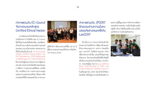 86
เจ้าภาพร่วมกับ EC-Council
จัดการอบรมหลักสูตร
Certified Ethical Hacker
ภายหลังลงนามในบันทึกข้อตกลงความ
ร่วมมือระหว่าง ไทยเซิร์ต และ EC-Council
ซึ่งมีวัตถุประสงค์เพื่อส่งเสริม และพัฒนา
ทักษะด้านความมั่นคงปลอดภัยสารสนเทศ
ของบุคลากรภายในประเทศ สองหน่วยงาน
ก็ได้ร่วมกันเป็นเจ้าภาพ จัดการฝึกอบรมใน
หลักสูตร Certified Ethical Hacker หรือ
CEH ในเดือนสิงหาคม 2556 โดยได้รับเกียรติ
จากผู้เชี่ยวชาญของ EC-Council เป็นวิทยากร
ฝึกอบรมกับผู้แทนจากหน่วยงานภาครัฐหลาย
แห่ง เช่น กระทรวงเทคโนโลยีสารสนเทศและ
การสื่อสาร กรมสอบสวนคดีพิเศษ กองทัพ
เรือ กองทัพอากาศ กระทรวงสาธารณสุข
และธนาคารแห่งประเทศไทย ซึ่งผลการจัด
อบรมในครั้งนี้ก็ประสบผลส�ำเร็จ จากจ�ำนวน
ผู้ที่เข้ารับการฝึกอบรมรวมทั้งสิ้น 20 คน มี
ผู้ที่สามารถสอบผ่านและได้ประกาศนียบัตร
CEH จ�ำนวน 18 คน
เจ้าภาพร่วมกับ JPCERT
ฝึกอบรมด้านความมั่นคง
ปลอดภัยสารสนเทศให้กับ
LaoCERT
สืบเนื่องจากการลงนามในบันทึกข้อ
ตกลงความร่วมมือด้านการพัฒนาทักษะและ
ศักยภาพของบุคลากร ระหว่าง ไทยเซิร์ต
และ LaoCERT ในเดือนกรกฎาคม 2556
เพื่อประสานงานรับมือ และแก้ไขปัญหาเหตุ
ภัยคุกคาม วิศวกรของไทยเซิร์ตได้รับเชิญให้
เป็นวิทยากรร่วมกับเจ้าหน้าที่ของ JPCERT/
CC ประเทศญี่ปุ่น ในการอบรมภายใต้หัวข้อ
Basic Understanding of CSIRT and
Incident Response Training ณ สปป. ลาว
ในเดือนตุลาคม 2556 โดยเจ้าหน้าที่ของ
ไทยเซิร์ต ได้เป็นผู้บรรยายในหัวข้อหลักการ
และความรู้พื้นฐานของการรักษาความมั่นคง
ปลอดภัยสารสนเทศ รวมถึงเป็นผู้อบรมเชิง
ปฏิบัติการในการติดตั้งและใช้งานระบบบันทึก
และติดตามการแจ้งเหตุภัยคุกคาม
 