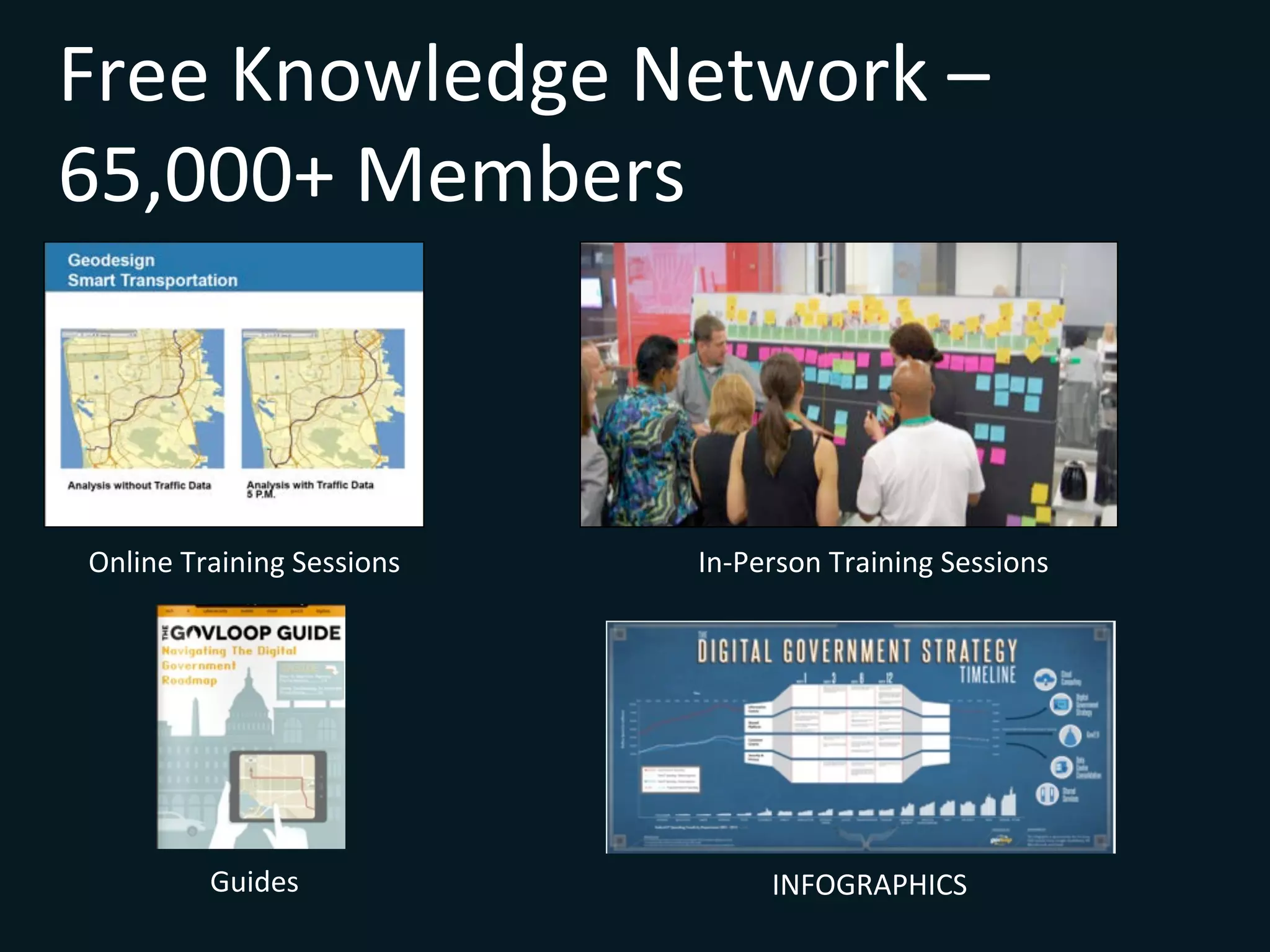 Free	
  Knowledge	
  Network	
  –	
  	
  
65,000+	
  Members	
  
Online	
  Training	
  Sessions	
   In-­‐Person	
  Training	
  Sessions	
  	
  
	
  
Guides	
   INFOGRAPHICS	
  
 