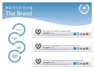 Maintaining
The Brand

           Same look




  Department
     level




            Unique
           addresses




   Individual
  social media
      links
 