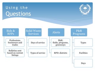 Using the
Questions

Bids &             Solid Waste                                 P&R
                                         Alerts
RFPs                Services                                 Programs

  Professions,                                  P&R:
 businesses and       Days of service    fields, programs,        Types
     trades                                  greenways

 Bulletins sent
based on current      Types of service    RPD: districts         Facilities
    listings


                                                                   Days
 