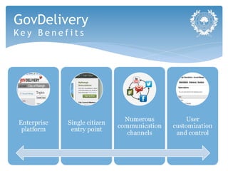 GovDelivery
Key Benefits




                                Numerous           User
Enterprise   Single citizen
                              communication   customization
 platform     entry point
                                 channels      and control
 