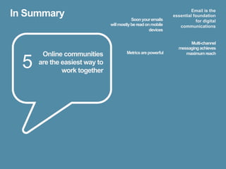 In Summary                                 Soon your emails
                                                                        Email is the
                                                               essential foundation
                                                                          for digital
                               will mostly be read on mobile      communications
                                                     devices


                                                                      Multi-channel
                                                                 messaging achieves
       Online communities               Metrics are powerful        maximum reach

  5   are the easiest way to
              work together
 
