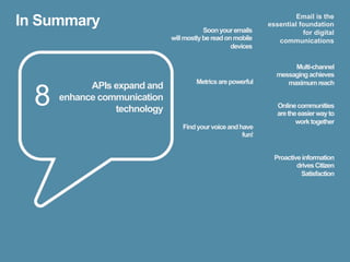 In Summary                                Soon your emails
                                                                       Email is the
                                                              essential foundation
                                                                         for digital
                              will mostly be read on mobile      communications
                                                    devices


                                                                     Multi-channel
                                                                messaging achieves
                                       Metrics are powerful        maximum reach

  8
            APIs expand and
      enhance communication
                                                                 Online communities
                 technology                                      are the easier way to
                                                                        work together
                                  Find your voice and have
                                                       fun!


                                                                Proactive information
                                                                        drives Citizen
                                                                         Satisfaction
 