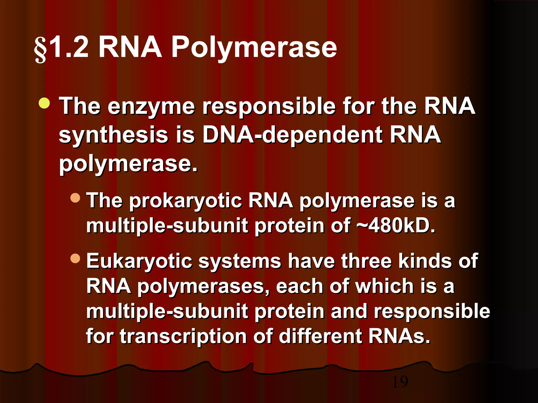 19
§1.2 RNA Polymerase
 The enzyme responsible for the RNAThe enzyme responsible for the RNA
synthesis is DNA-dependent RNAsynthesis is DNA-dependent RNA
polymerase.polymerase.
The prokaryotic RNA polymerase is aThe prokaryotic RNA polymerase is a
multiple-subunit protein of ~480kD.multiple-subunit protein of ~480kD.
Eukaryotic systems have three kinds ofEukaryotic systems have three kinds of
RNA polymerases, each of which is aRNA polymerases, each of which is a
multiple-subunit protein and responsiblemultiple-subunit protein and responsible
for transcription of different RNAs.for transcription of different RNAs.
 