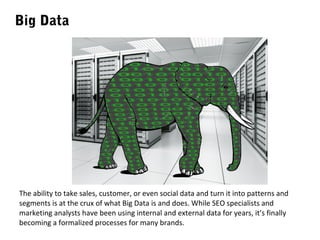 Big Data

The ability to take sales, customer, or even social data and turn it into patterns and
segments is at the crux of what Big Data is and does. While SEO specialists and
marketing analysts have been using internal and external data for years, it’s finally
becoming a formalized processes for many brands.

 