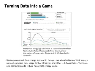 Turning Data into a Game

The Opower energy app is the result of a collaboration between
Facebook, the Natural Resources Defense Council, energy
information software maker Opower and 16 U.S.-based utility
companies.

Users can connect their energy account to the app, see visualizations of their energy
use and compare their usage to that of friends and other U.S. households. There are
also competitions to reduce household energy waste.

 