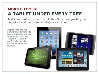 MOBILE TOOLS:
A TABLET UNDER EVERY TREE
Tablet sales will more than double this Christmas, grabbing the
largest slice of the consumer electronics market.

Apple’s iPad and iOS
software will continue to
lead this holiday season,
but by mid 2013, we
expect the Android
platform to own the
critical 50%+ of the
market.
 