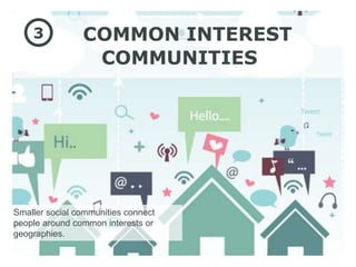 3           COMMON INTEREST
                 COMMUNITIES




Smaller social communities connect
people around common interests or
geographies.
 