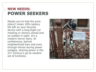 NEW NEEDS:
POWER SEEKERS
Maybe you’ve had the juice
jitters? Under 20% battery
life left on your favorite
device with a long flight (or
meeting or dinner) ahead and
no outlets in sight. It’s a
modern horror story. At
conferences, behind
neighborhood bars and even
through fences during power
outages, sharing power is the
21st Century’s go-to random
act of kindness.
 