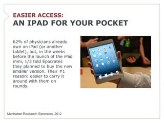 EASIER ACCESS:
   AN IPAD FOR YOUR POCKET

   62% of physicians already
   own an iPad (or another
   tablet), but, in the weeks
   before the launch of the iPad
   mini, 1/3 told Epocrates
   they planned to buy the new
   smaller version. Their #1
   reason: easier to carry it
   around with them on
   rounds.




Manhattan Research, Epocrates, 2012
 