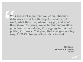 We know a lot more than we let on. Pharma’s
databases are rich with insight – what people
want, what they use, where they go, and what
they share. For years, we’ve let that information
go unused – considering it in aggregate, but not
putting it to work. This year, that changes in a big
way. In 2013 pharma will put data to work.



                                               Phil Storer
                                    VP. Digital Strategist
                                                   Navicor
 