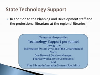  In addition to the Planning and Development staff and
the professional librarians at the regional libraries,
Tennessee also provides
Technology Support personnel
through the
Information System Division of the Department of
State.
One Network Services Manager
Four Network Service Consultants
And
Nine Library Information Systems Specialists
 